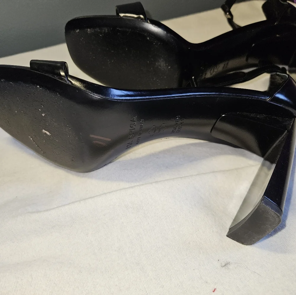 Via Spiga Black Leather Ankle-Strap Block Heel Sandals